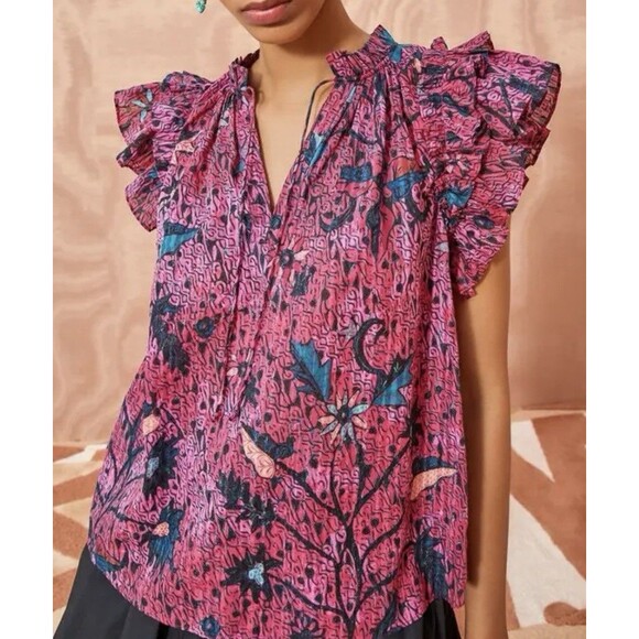 Ulla Johnson Fleur Cotton Blend Flutter Sleeve Top Blouse Snapdragon Floral 6 - Picture 1 of 7